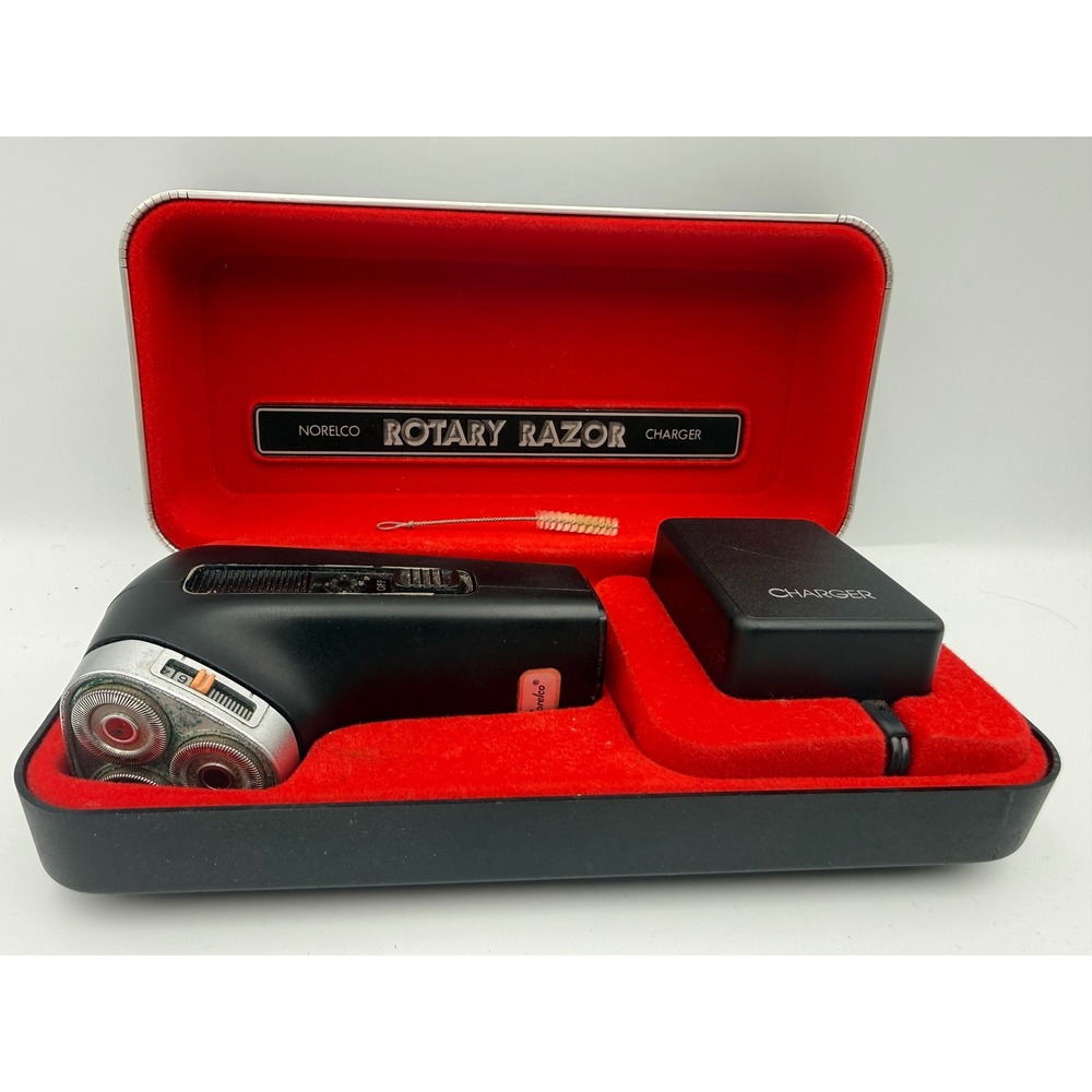 Vintage Norelco Rotary Razor Tripleheader Shaver with Red Lined Case and Charger